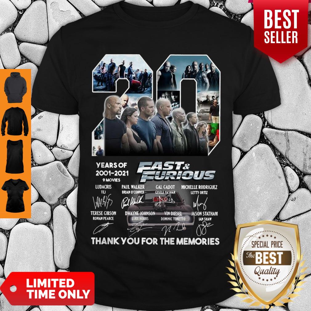 20 Years Of 2001 2021 9 Movies Fast & Furious Thank You For The Memories Signatures Shirt