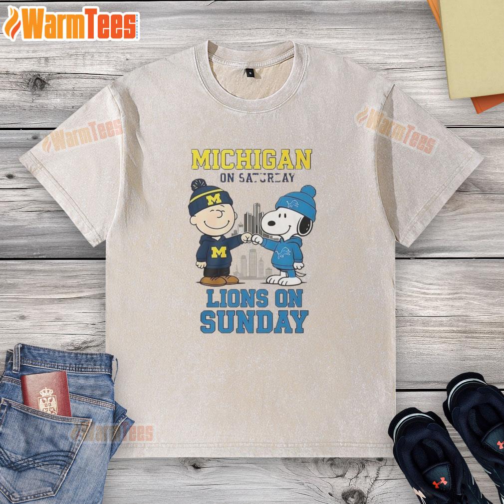 Awesome Charlie Brown Michigan Wolverines On Saturday And Snoopy Detroit Lions On Sunday T-Shirt - Image 6