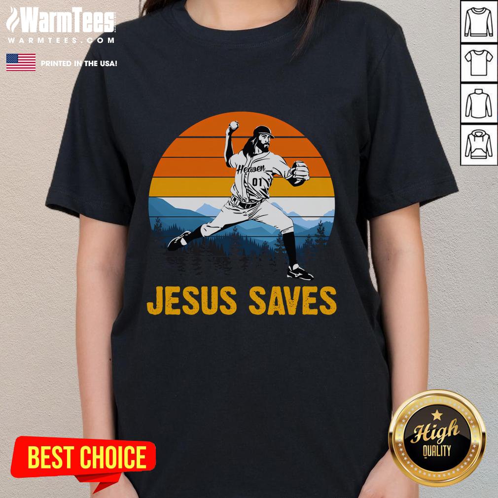 Awesome Jesus Saves Retro Baseball Pitcher Sunset T-Shirt - Image 3