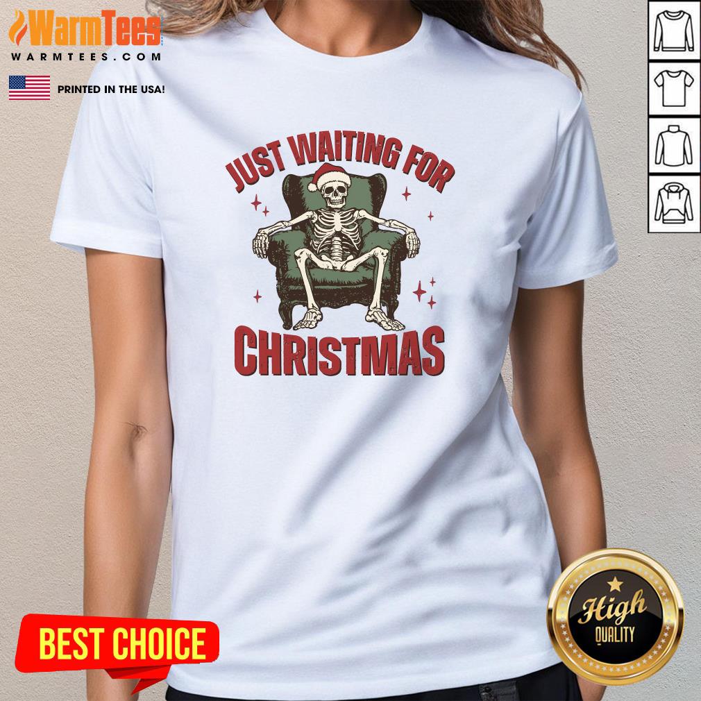 Awesome Just Waiting For Christmas Skeleton Holiday Season Xmas Holiday Santa Hat T-Shirt - Image 2