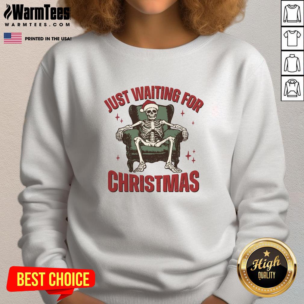 Awesome Just Waiting For Christmas Skeleton Holiday Season Xmas Holiday Santa Hat T-Shirt - Image 4