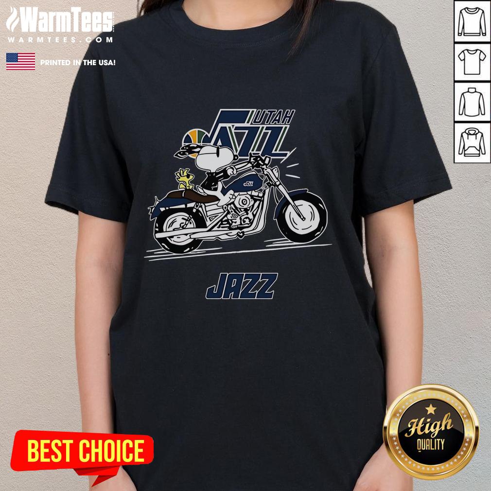 Awesome Snoopy And Woodstock Driving Motorbike Utah Jazz T-Shirt - Image 3