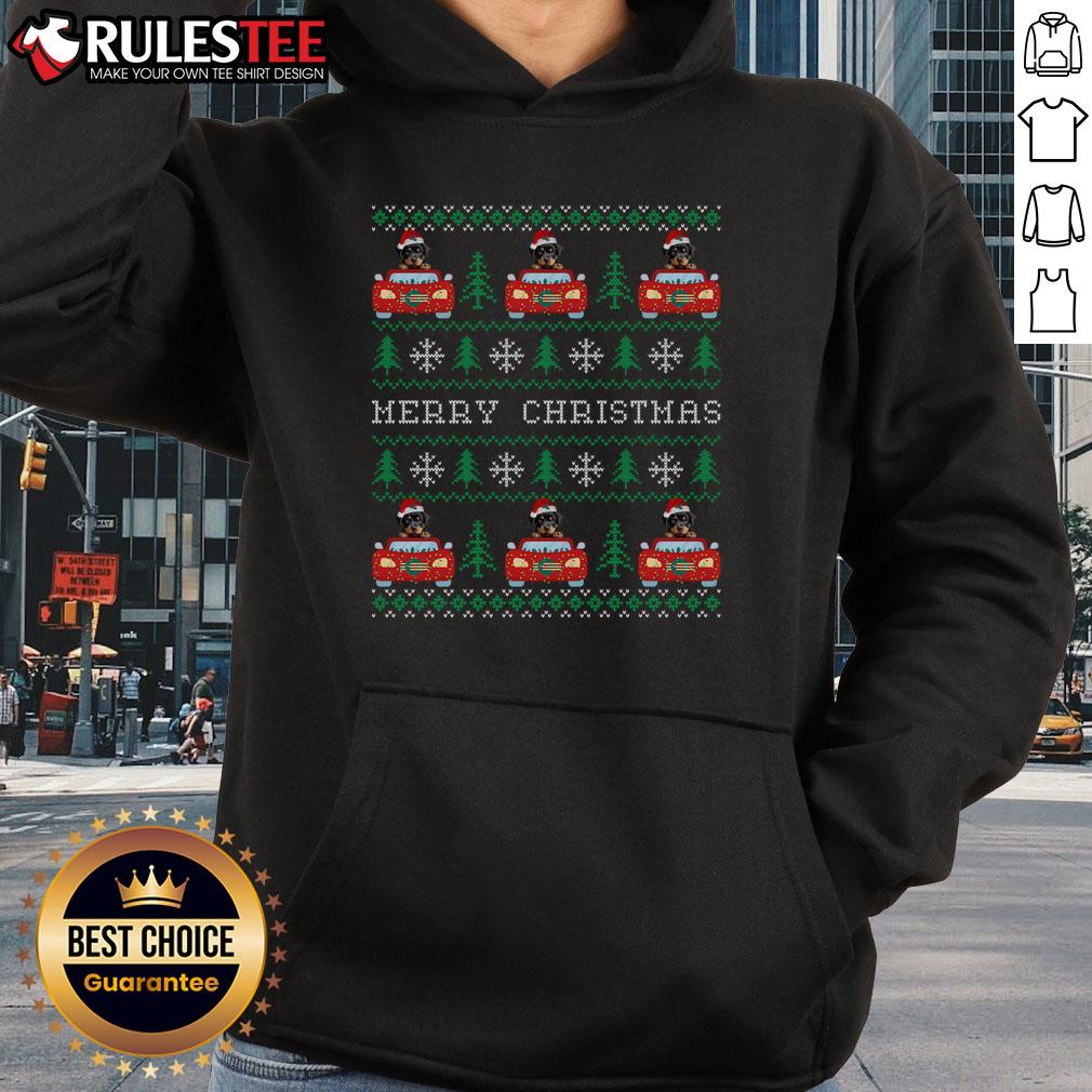 Awesome Ugly Christmas Rottweiler Car Xmas With Santa Hat T-Shirt - Image 2