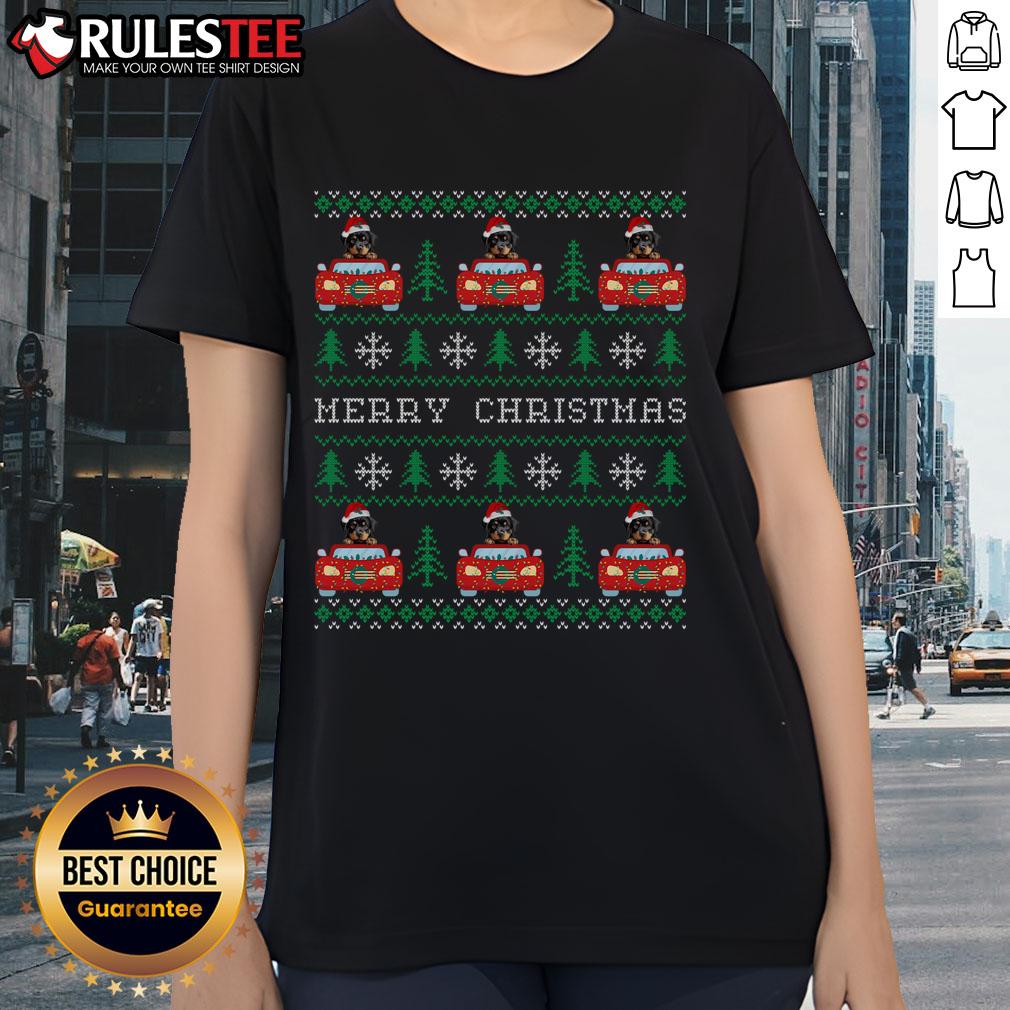 Awesome Ugly Christmas Rottweiler Car Xmas With Santa Hat T-Shirt - Image 3