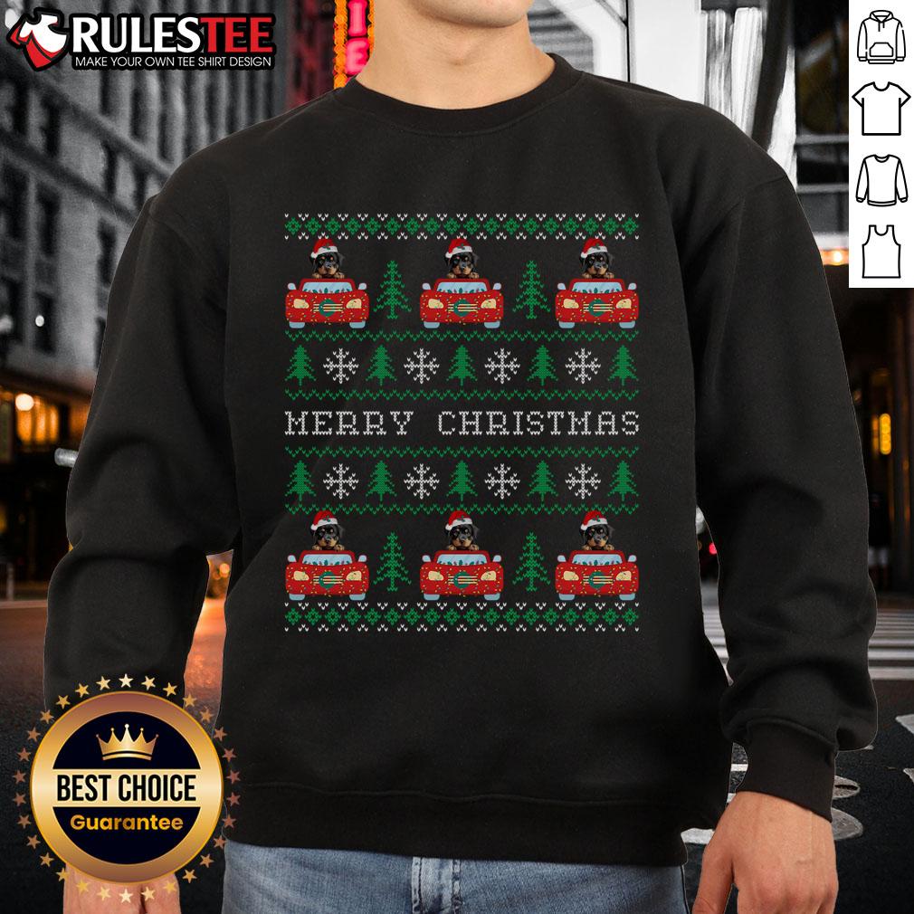 Awesome Ugly Christmas Rottweiler Car Xmas With Santa Hat T-Shirt - Image 5