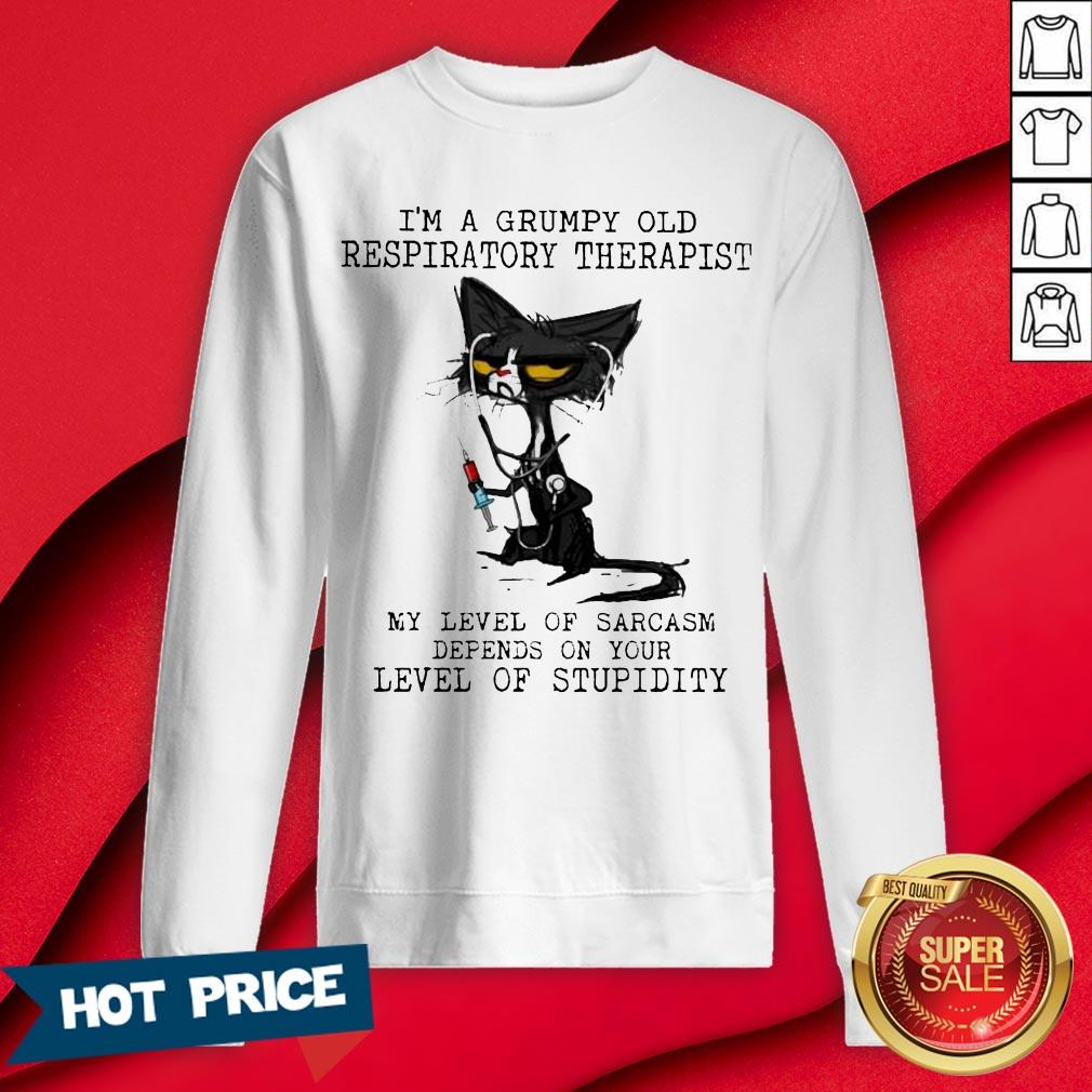 Black Cat Nurse I'm A Grumpy Old Respiratory Therapist My Level Of Sarcasm Depends On Your Level Of Stupidity Shirt - Image 4