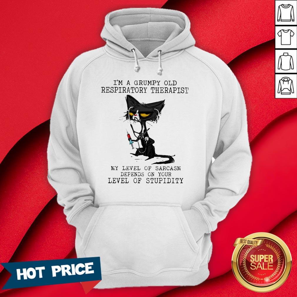 Black Cat Nurse I'm A Grumpy Old Respiratory Therapist My Level Of Sarcasm Depends On Your Level Of Stupidity Shirt - Image 5
