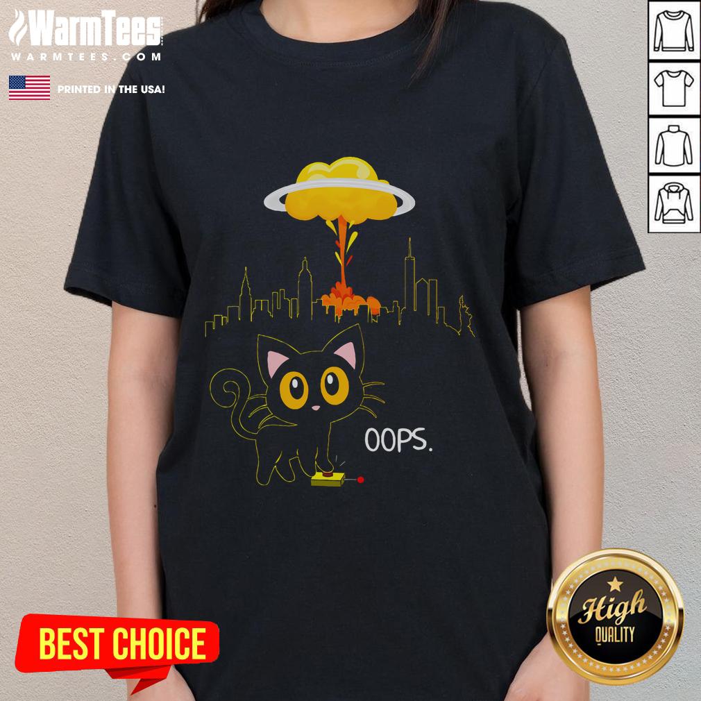 Cute Cat Explosion Red Button Bomb Accident T-Shirt - Image 3