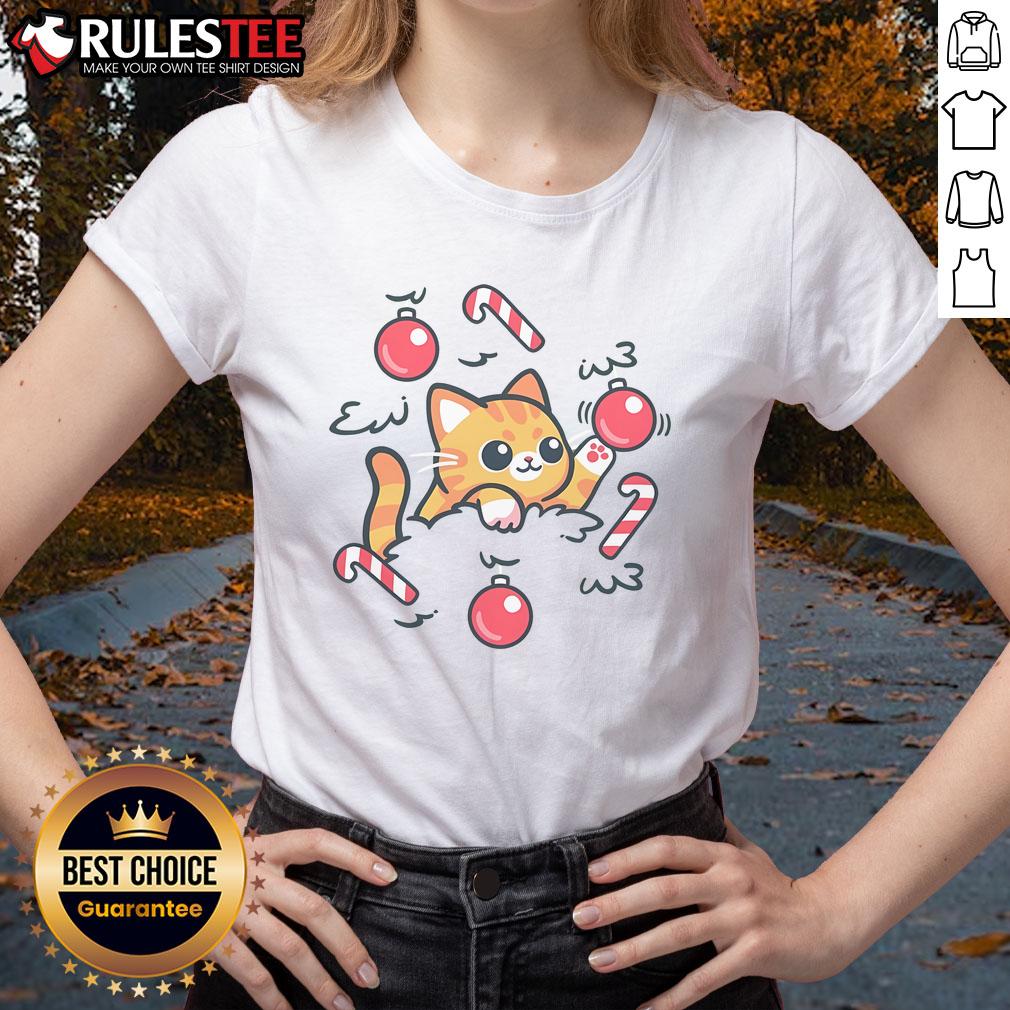 Cute Cat On The Christmas Tree T-Shirt - Image 3
