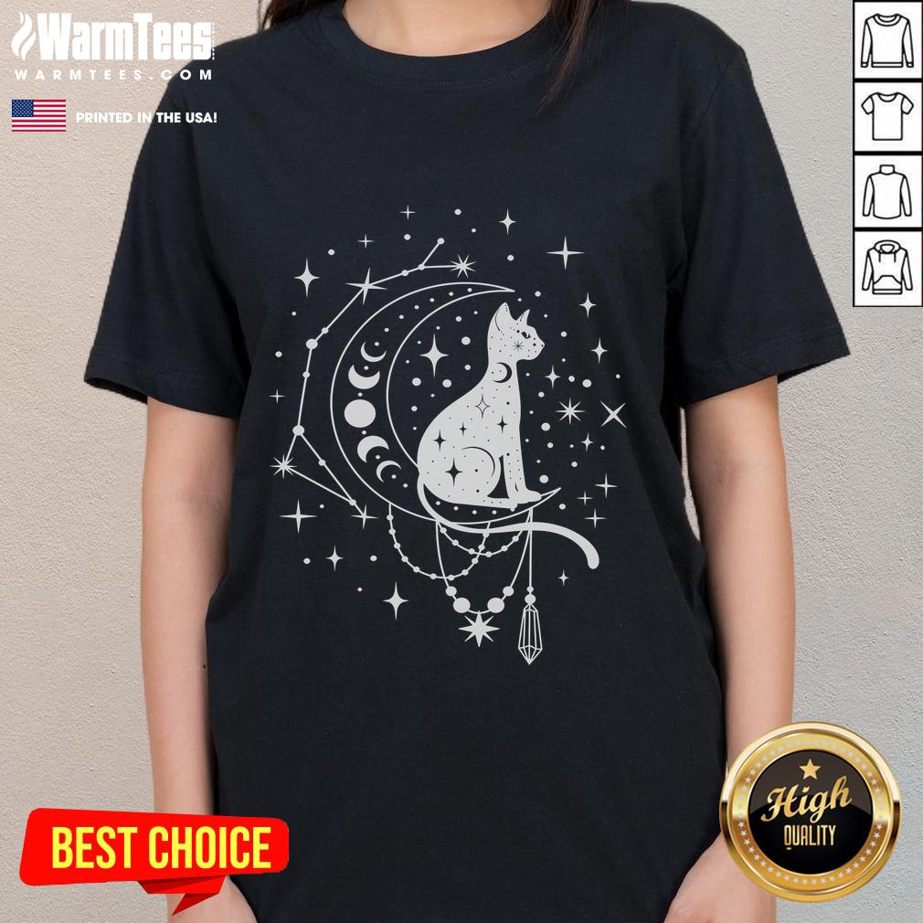Cute Celestial Cat Crescent Moon Star Constellation Astrology T-Shirt - Image 3
