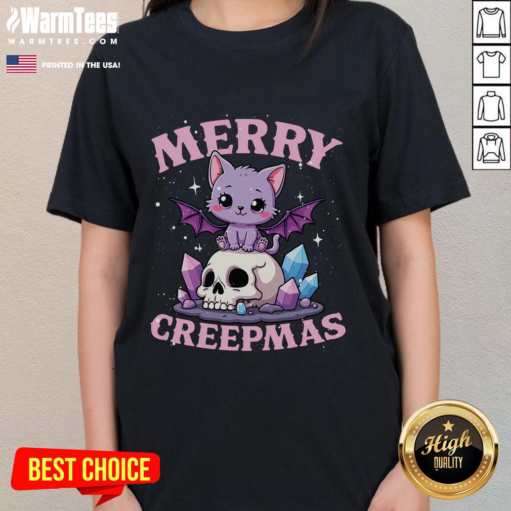 Cute Merry Creepmas Cat Pastel Goth Christmas Skull T-Shirt - Image 3