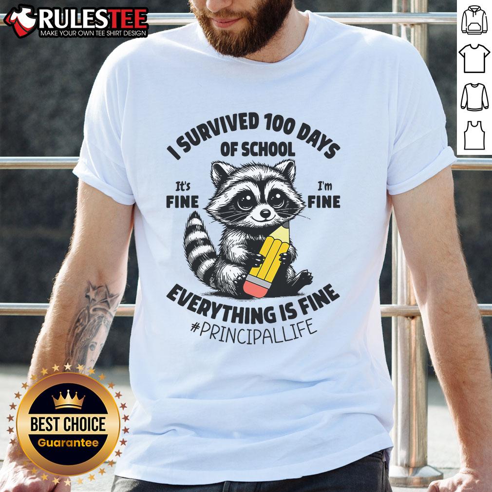 Cute Raccoon I Survived 100 Days Of School It's Fine Everything Is Fine Principal T-Shirt