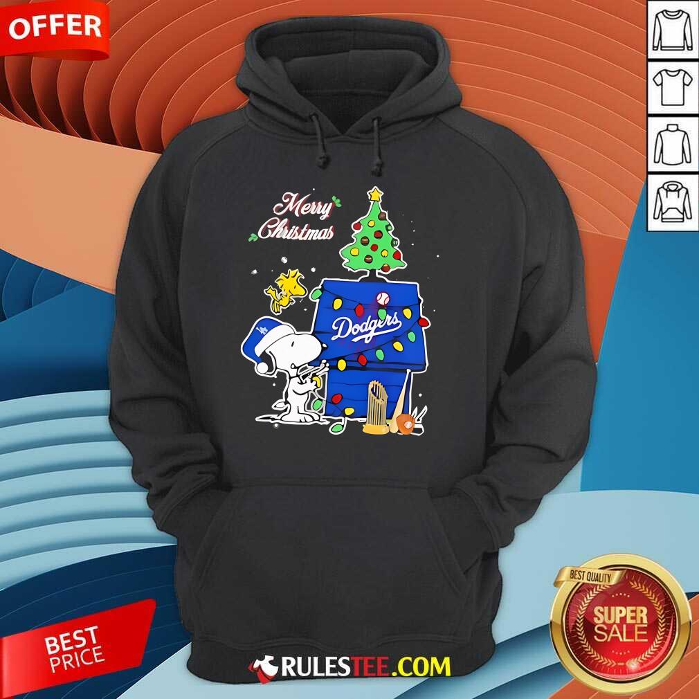 Cute Snoopy Woodstock Merry Christmas Los Angeles Dodgers T-Shirt - Image 2