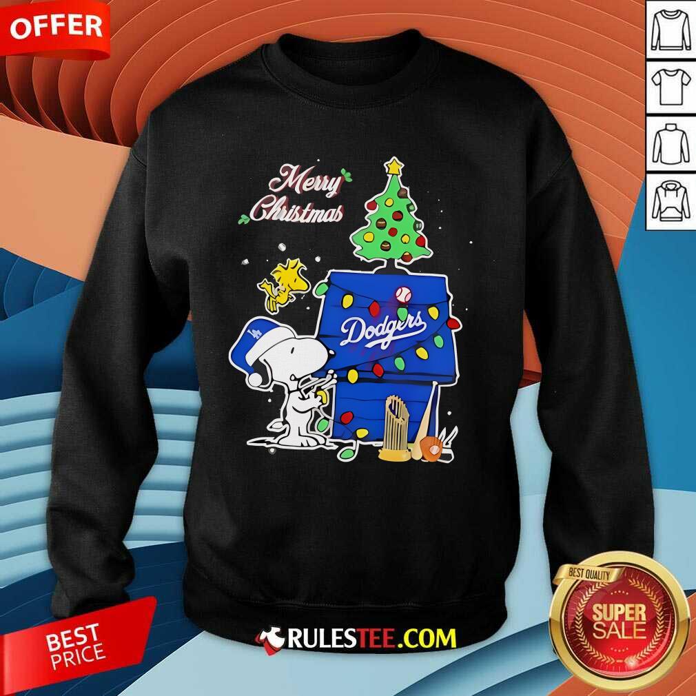 Cute Snoopy Woodstock Merry Christmas Los Angeles Dodgers T-Shirt - Image 3