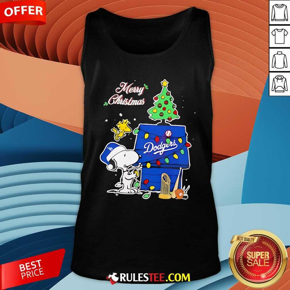 Cute Snoopy Woodstock Merry Christmas Los Angeles Dodgers T-Shirt - Image 5