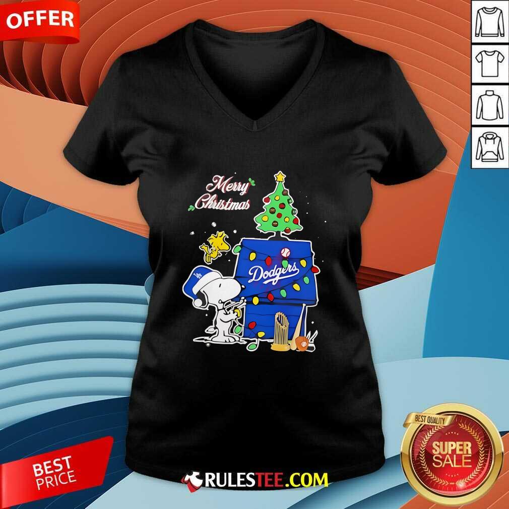 Cute Snoopy Woodstock Merry Christmas Los Angeles Dodgers T-Shirt - Image 4
