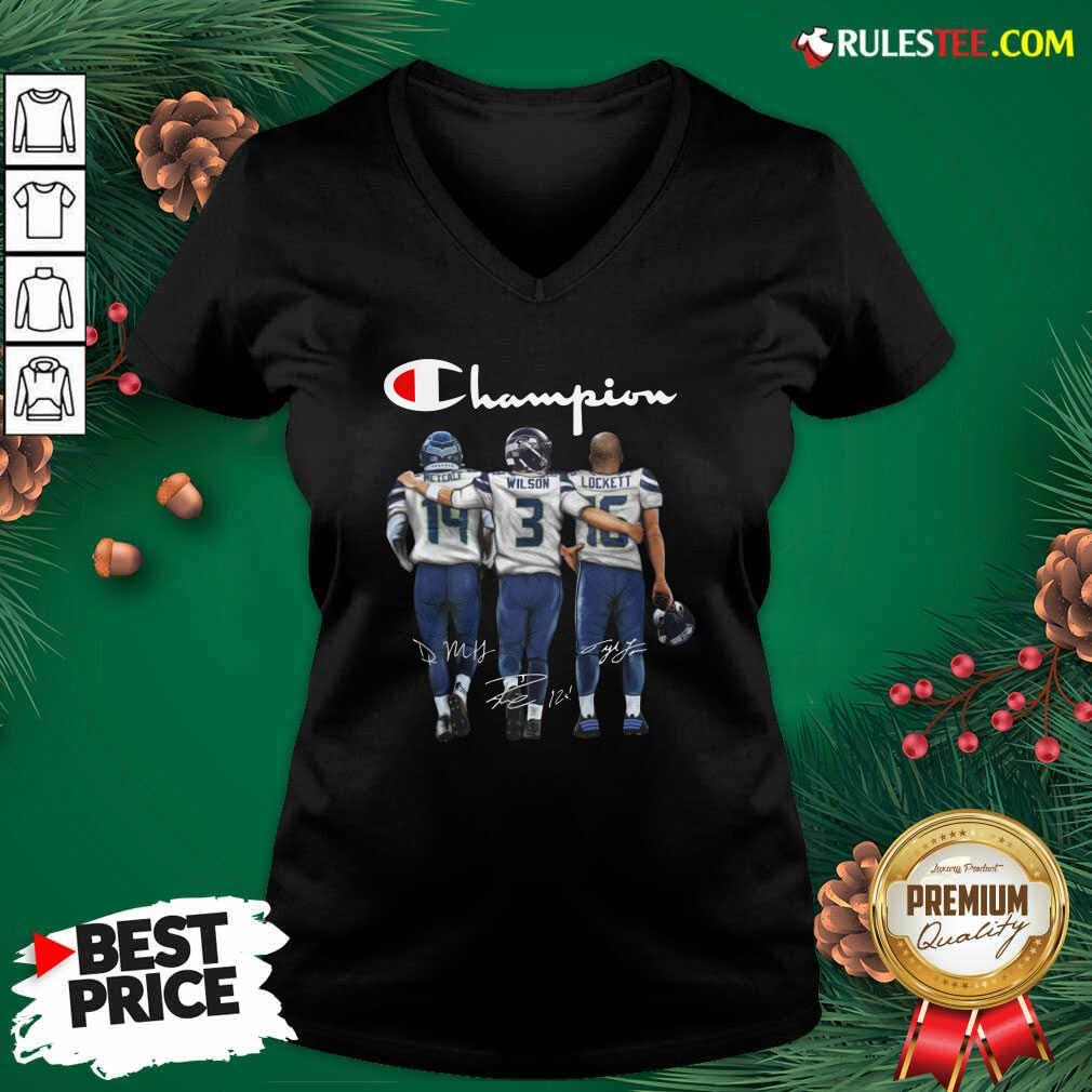 Funny Seattle Seahawks Champions Dk Metcalf 14 Russell Wilson 3 Tyler Lockett 16 Signatures Shirt - Image 3