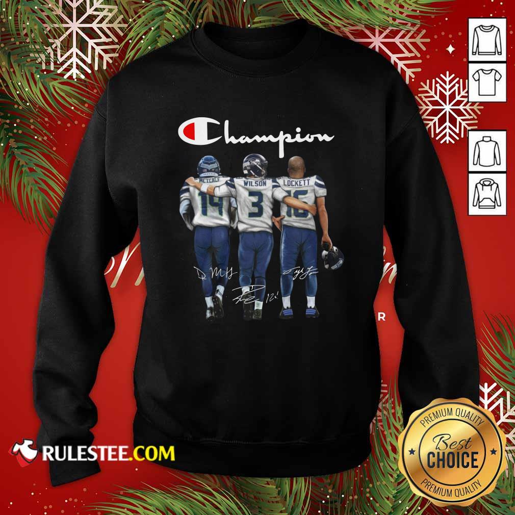 Funny Seattle Seahawks Champions Dk Metcalf 14 Russell Wilson 3 Tyler Lockett 16 Signatures Shirt - Image 5