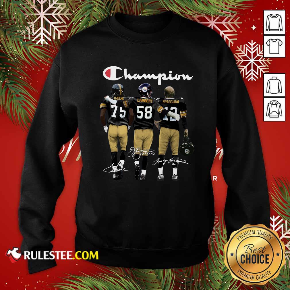 Good Pittsburgh Steelers Champions Joe Greene 75 Jack Lambert 58 Terry Bradshaw 12 Signatures Shirt