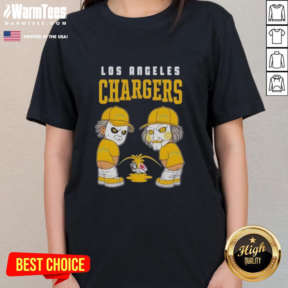 Good Los Angeles Chargers X Michael Myers And Billy The Puppet Piss On Las Vegas Raiders Vs Denver Broncos T-Shirt - Image 6