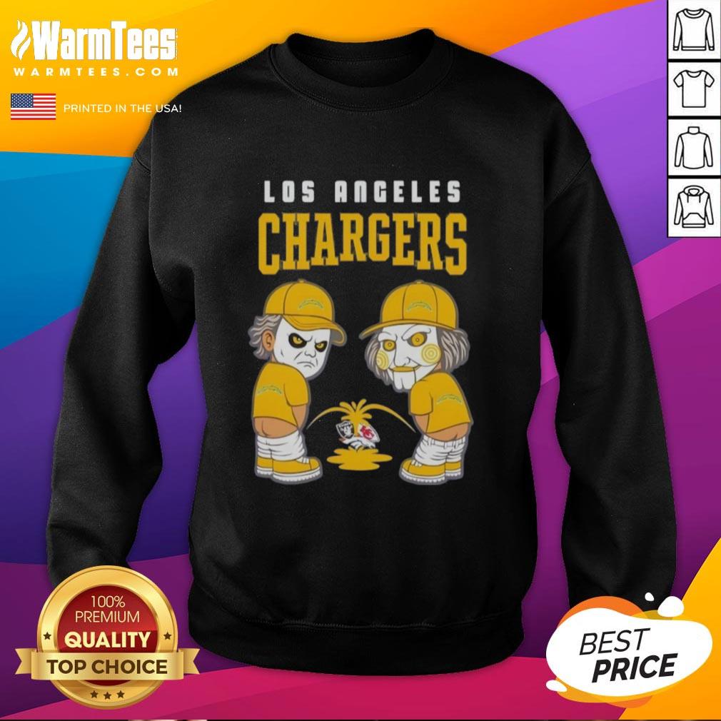 Good Los Angeles Chargers X Michael Myers And Billy The Puppet Piss On Las Vegas Raiders Vs Denver Broncos T-Shirt - Image 5