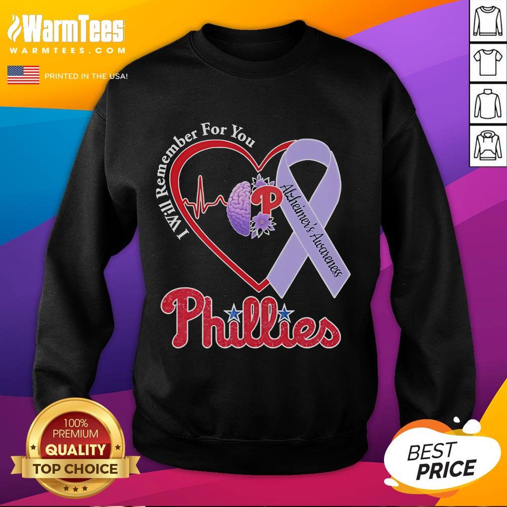 Good Philadelphia Phillies I Will Remember For You Alzheimer's Awareness Heartbeat Brain T-Shirt - Image 4