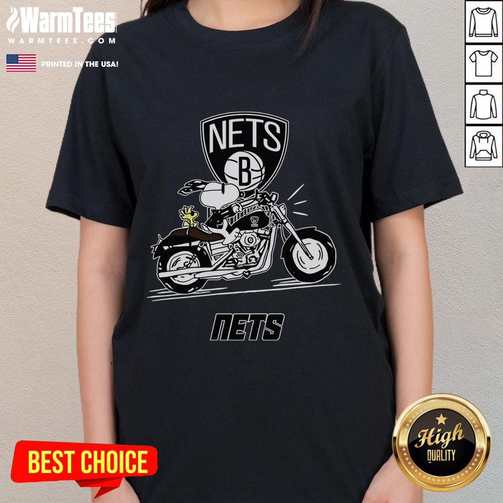 Good Snoopy And Woodstock Driving Motorbike Brooklyn Nets T-Shirt - Image 3