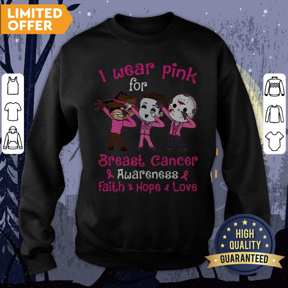 Halloween Horror Characters I Wear Pink For Breast Cancer Awareness Faith Hope Love Shirt - Image 4