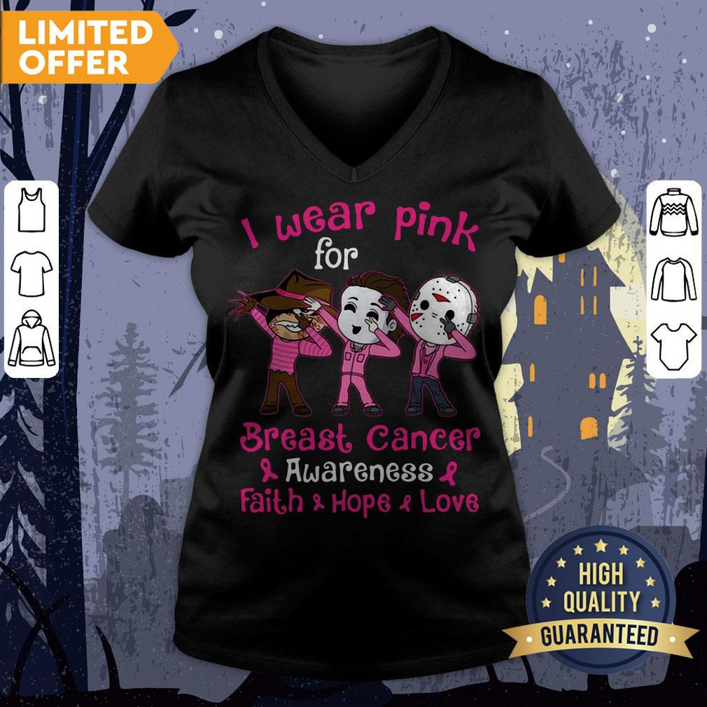 Halloween Horror Characters I Wear Pink For Breast Cancer Awareness Faith Hope Love Shirt - Image 3