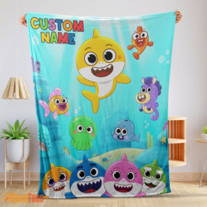 Happy Baby Shark & Friends Poster Rainbow Text Blanket Fleece Customized Blanket