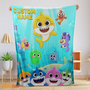 Happy Baby Shark & Friends Poster Yellow Text Blanket Fleece Customized Blanket