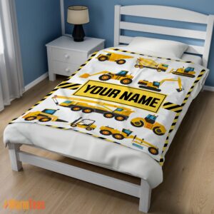 Alternative view of Happy Cartoon Construction Trucks With Friends Blanket Fleece Customized Blanket