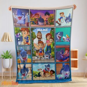Happy Cartoon Sharkdog With Family Blanket Fleece Customized Blanket