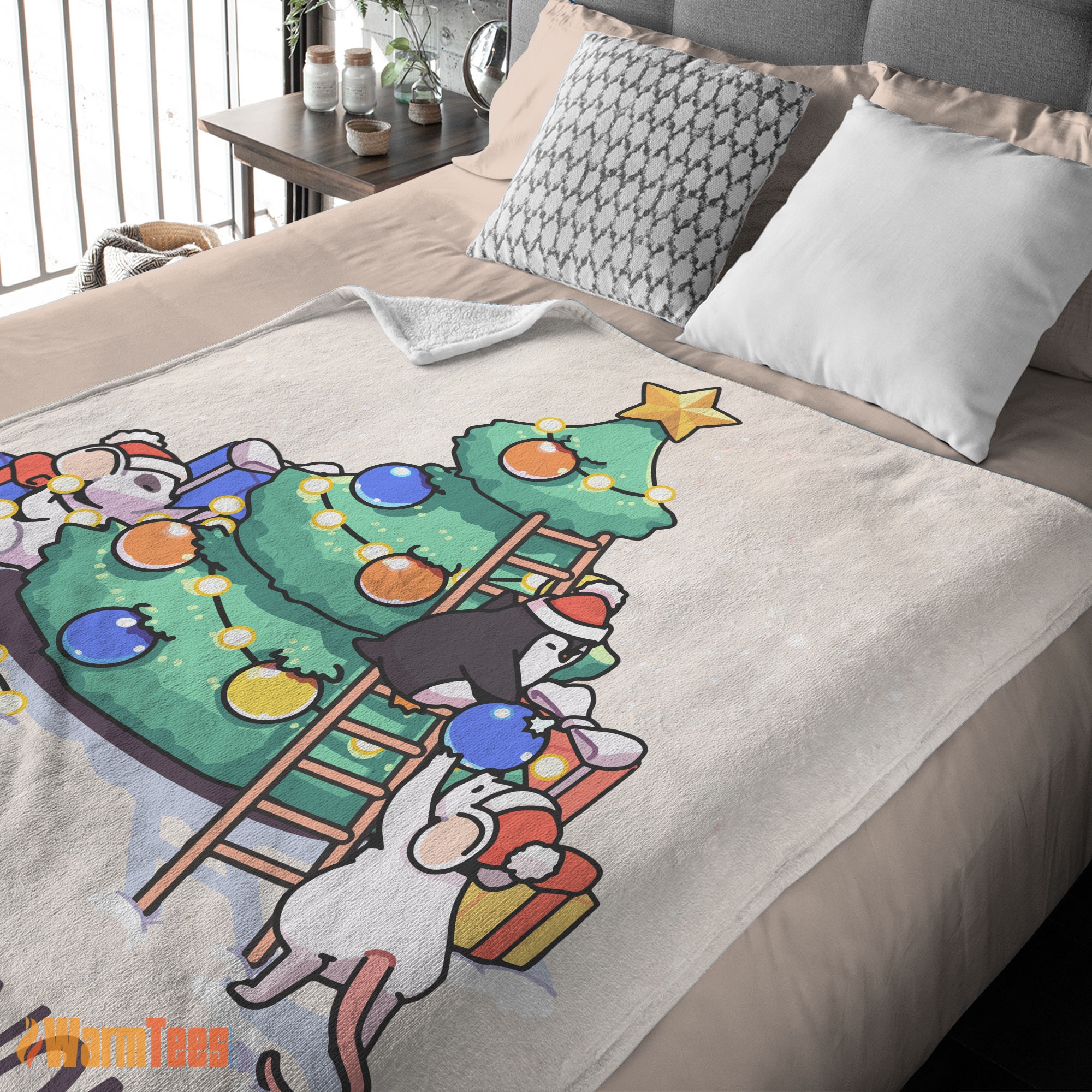 Happy Cute Mice & Penguin Cartoon Christmas Tree Blanket Fleece Customized Blanket - Image 2