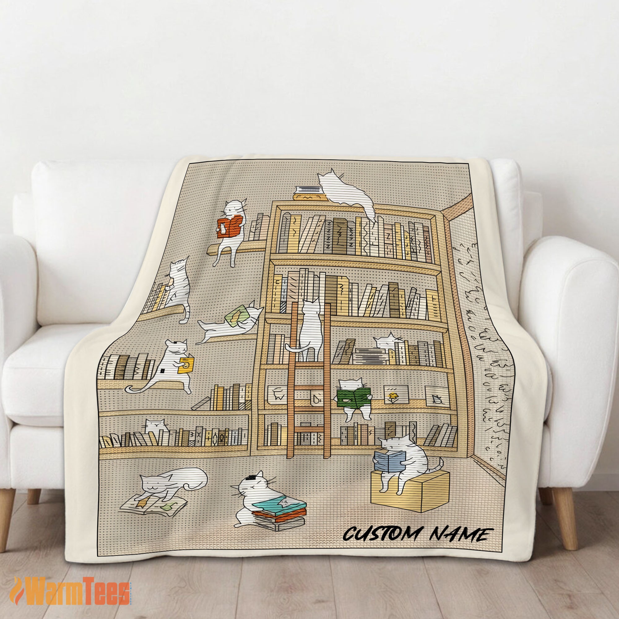 Happy Cute Vintage Minimalist Cat Book Reading Blanket Fleece Customized Blanket - Image 2