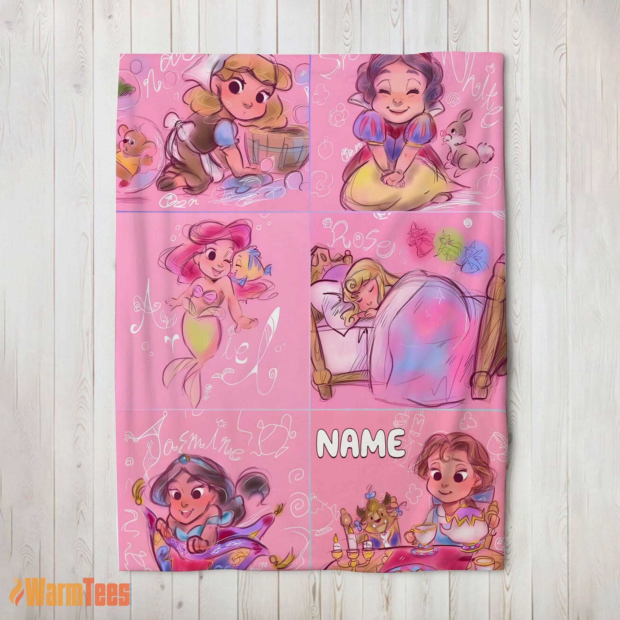 Happy Disney Cute Kids Princess Sketches Blanket Fleece Customized Blanket