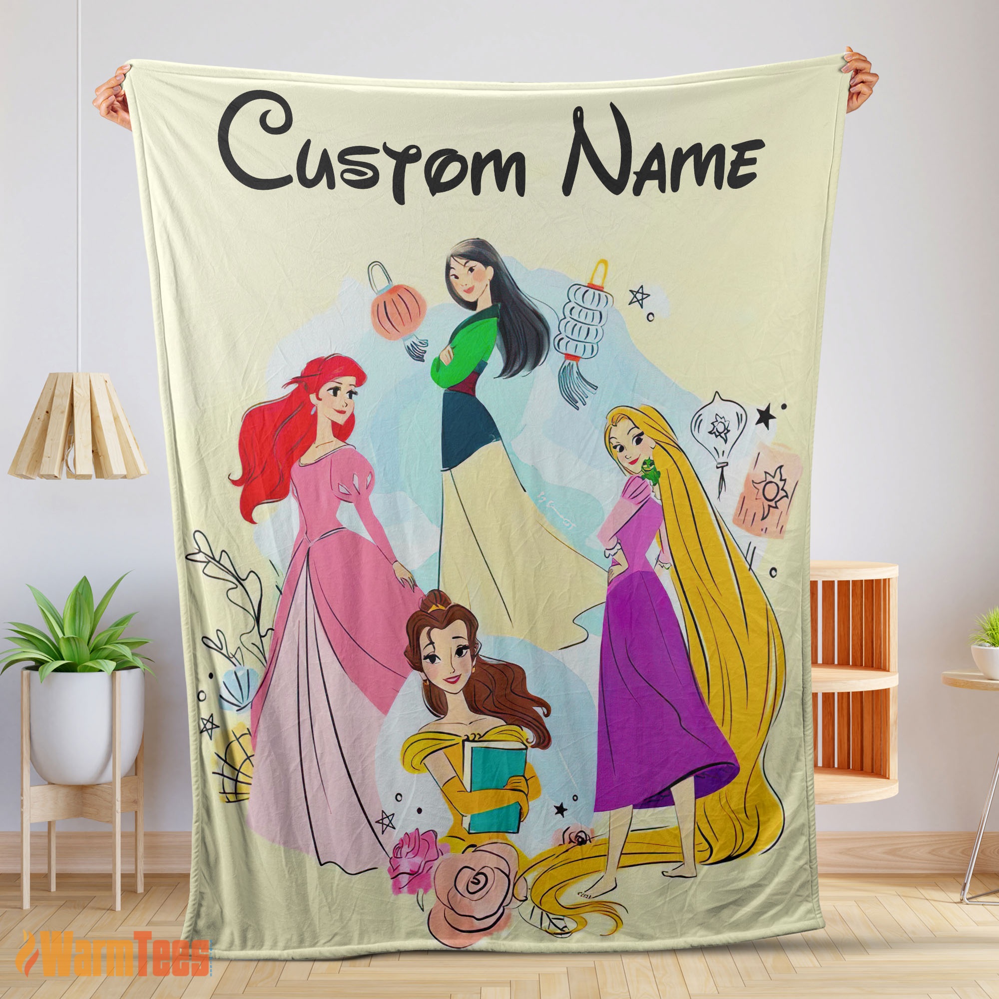 Happy Disney Princess Ariel Mulan Rapunzel Belle Princess Blanket Fleece Customized Blanket