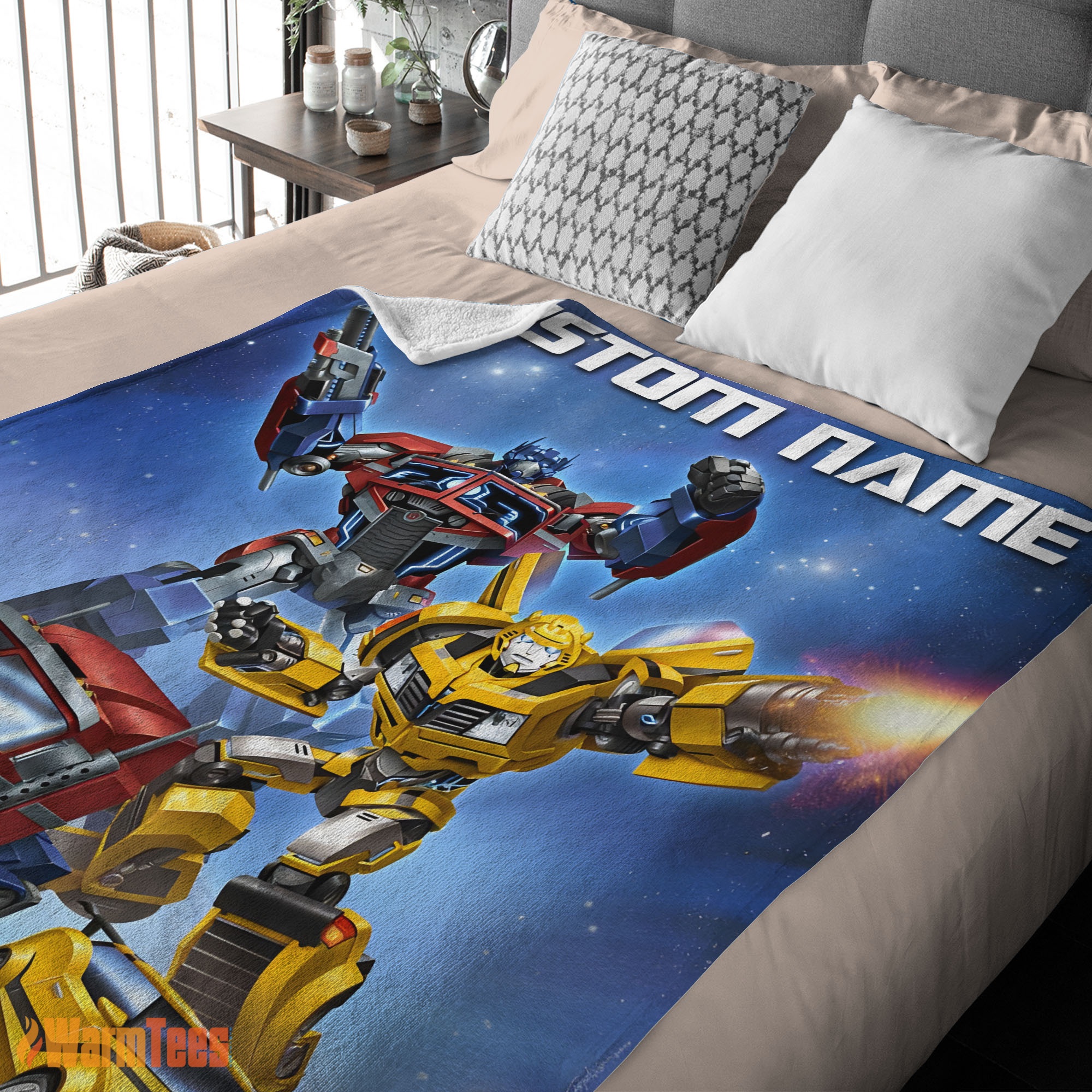 Happy Optimus Prime and Bumblebee Transformers Movie Blanket – Customize Blanket - Image 2