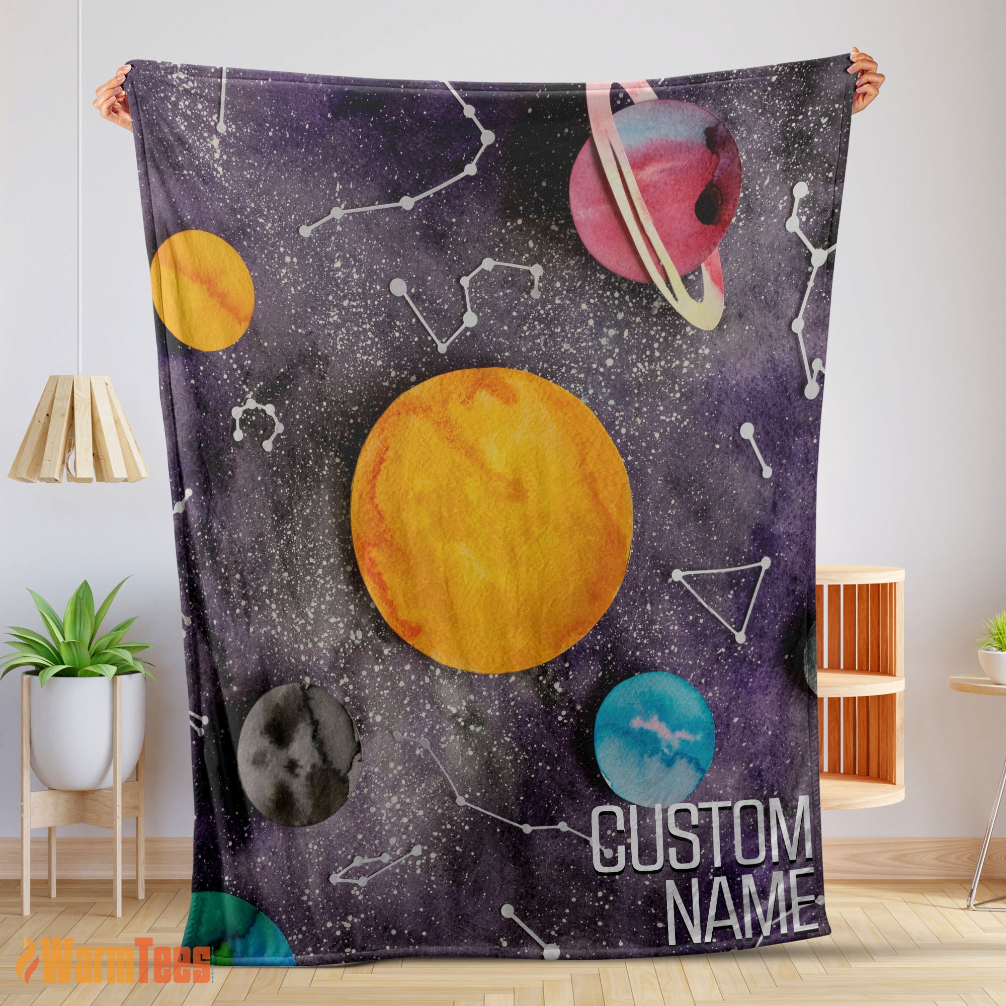 Happy Outer Space Galaxy Watercolor Planets & Stars Blanket Fleece Customized Blanket
