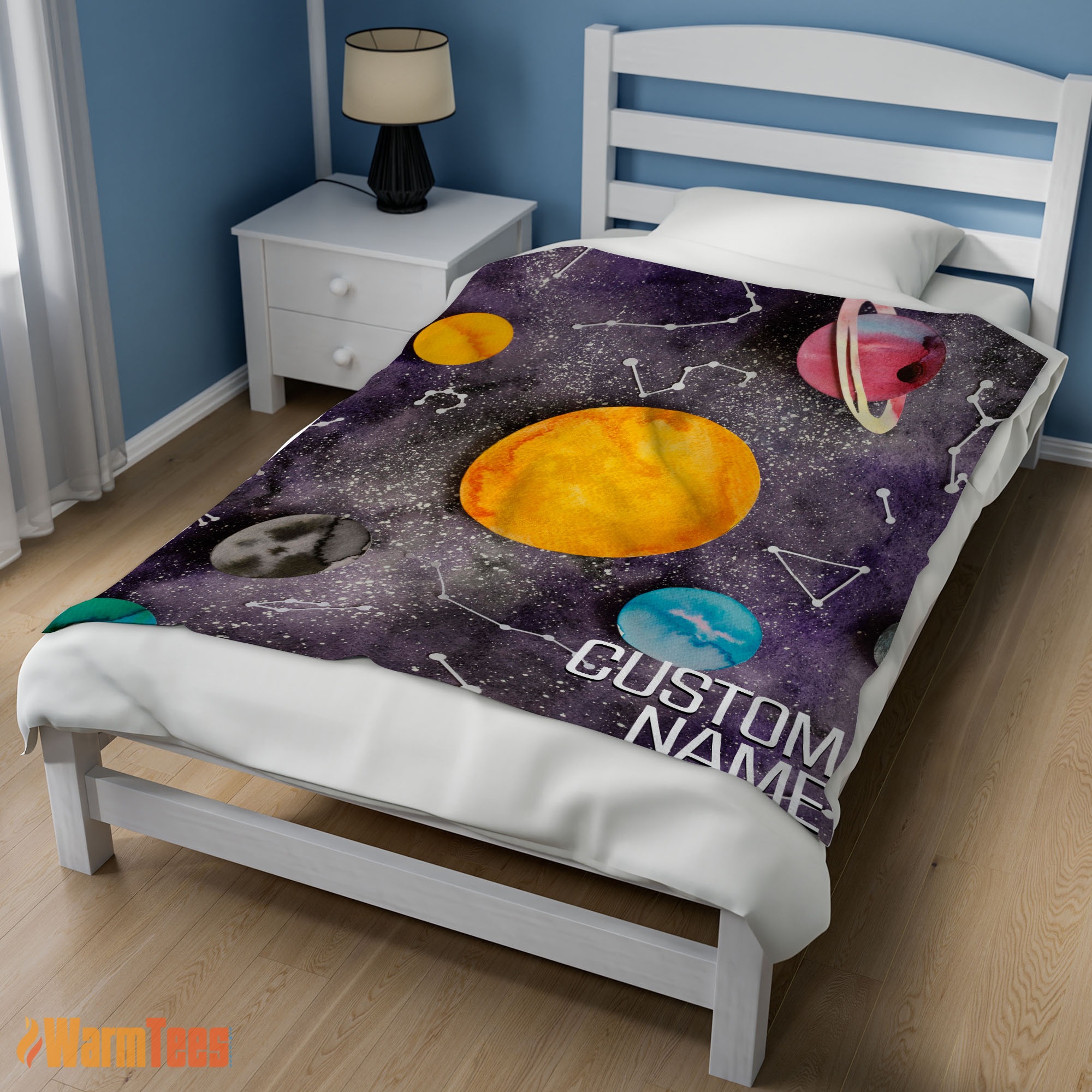 Happy Outer Space Galaxy Watercolor Planets & Stars Blanket Fleece Customized Blanket - Image 3