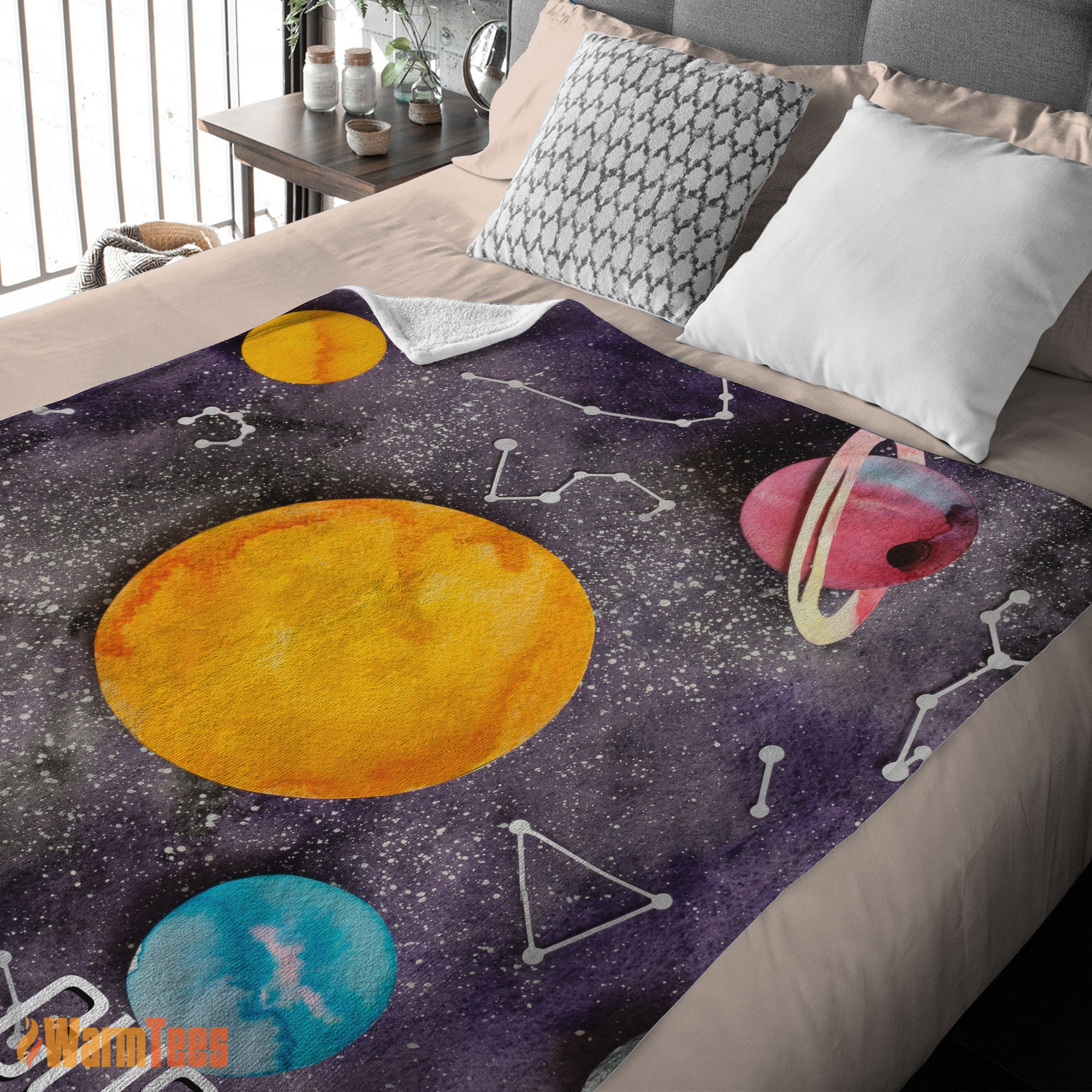 Happy Outer Space Galaxy Watercolor Planets & Stars Blanket Fleece Customized Blanket - Image 2