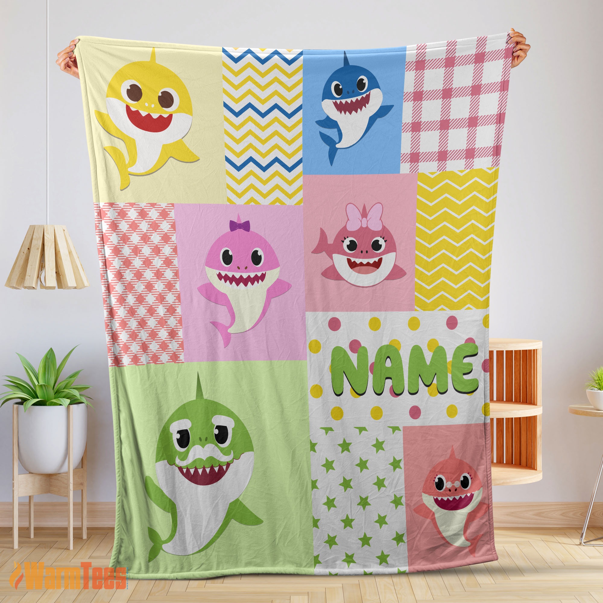 Happy Personalized Colorful Baby Shark Blanket Fleece Customized Blanket