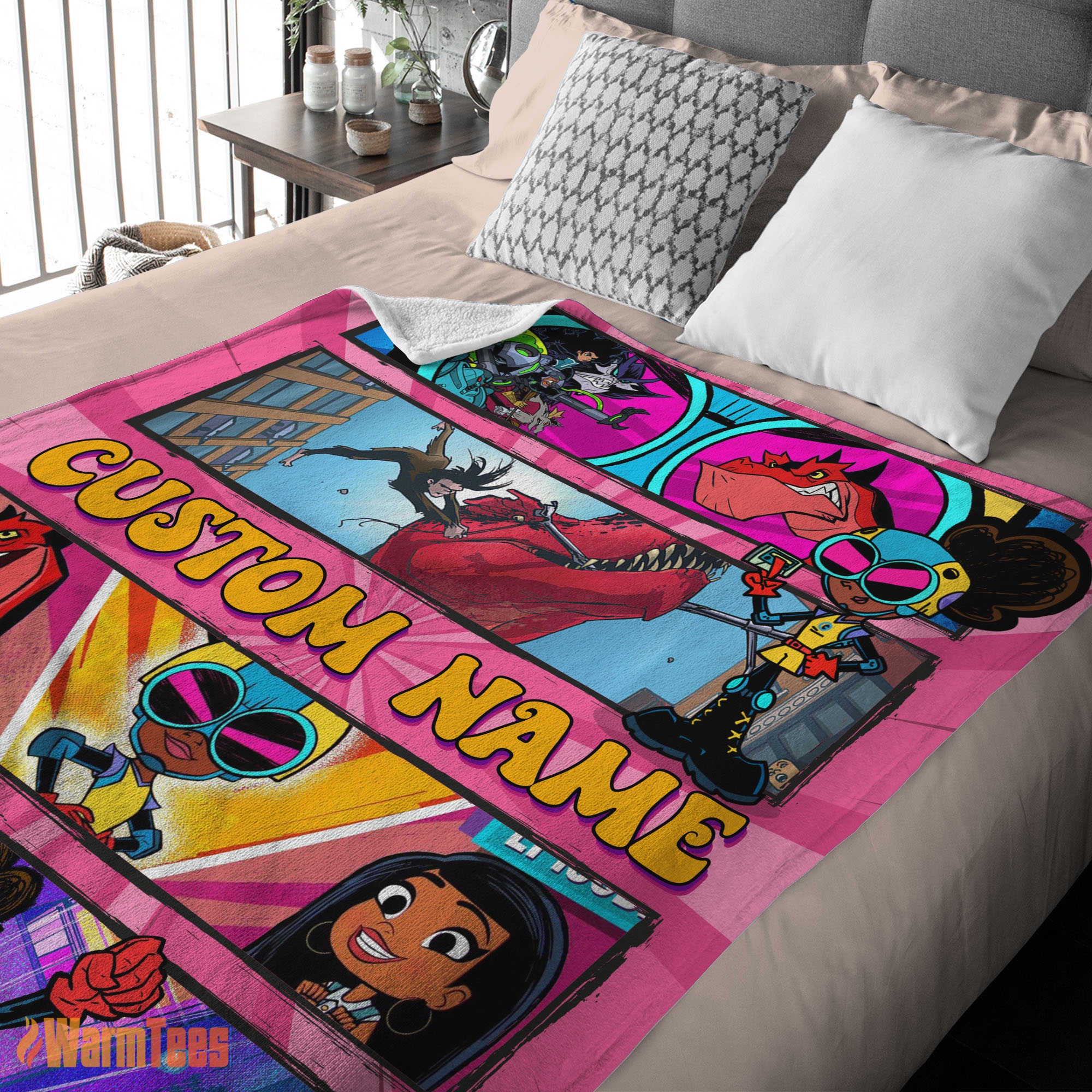 Happy Prehistoric Adventure Girl Warrior Blanket – Customize Blanket - Image 3