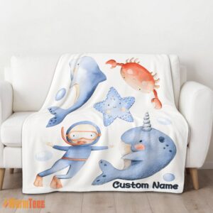 Alternative view of Happy Sea's Treasures Narwhal Dolphin Crab Starfish Scuba Divers Blanket Fleece Customized Blanket