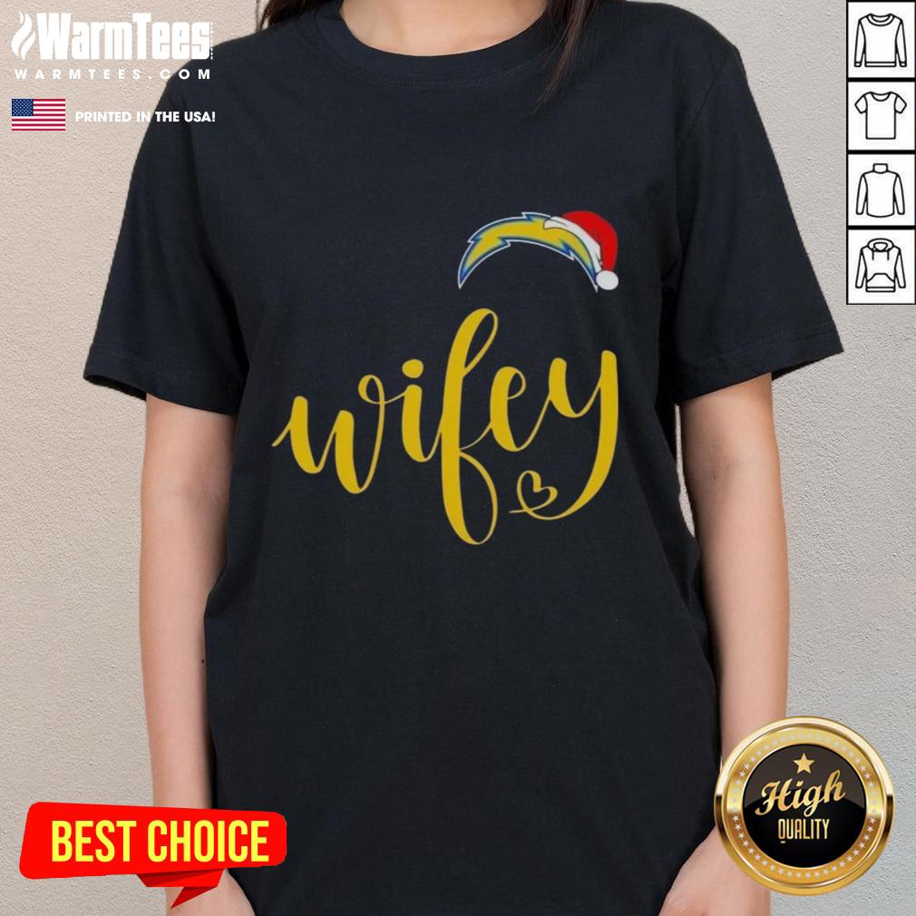 Happy Wifey Los Angeles Chargers Santa Hat Merry Christmas T-Shirt - Image 3