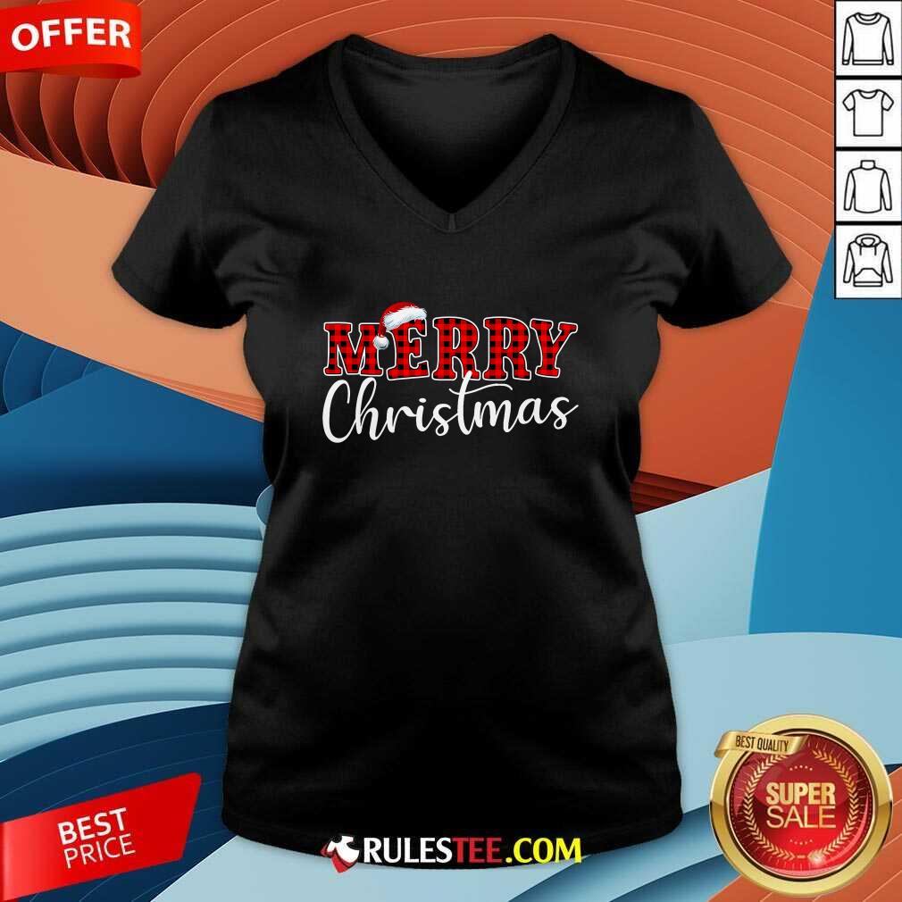 Nice Merry Christmas Buffalo Plaid Red Santa Hat Xmas Pajamas T-Shirt - Image 4