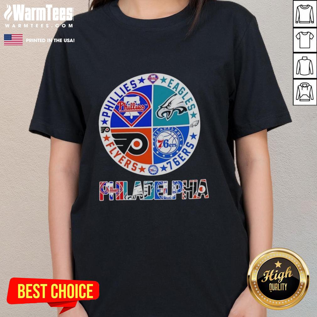 Nice Philadelphia Sport Teams Philadelphia Phillies Eagles 76ers And Flyers Circle Logo T-Shirt - Image 3