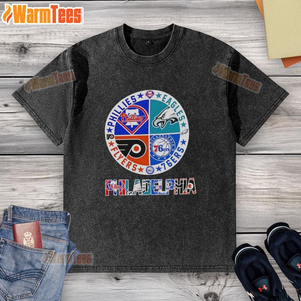 Nice Philadelphia Sport Teams Philadelphia Phillies Eagles 76ers And Flyers Circle Logo T-Shirt - Image 6