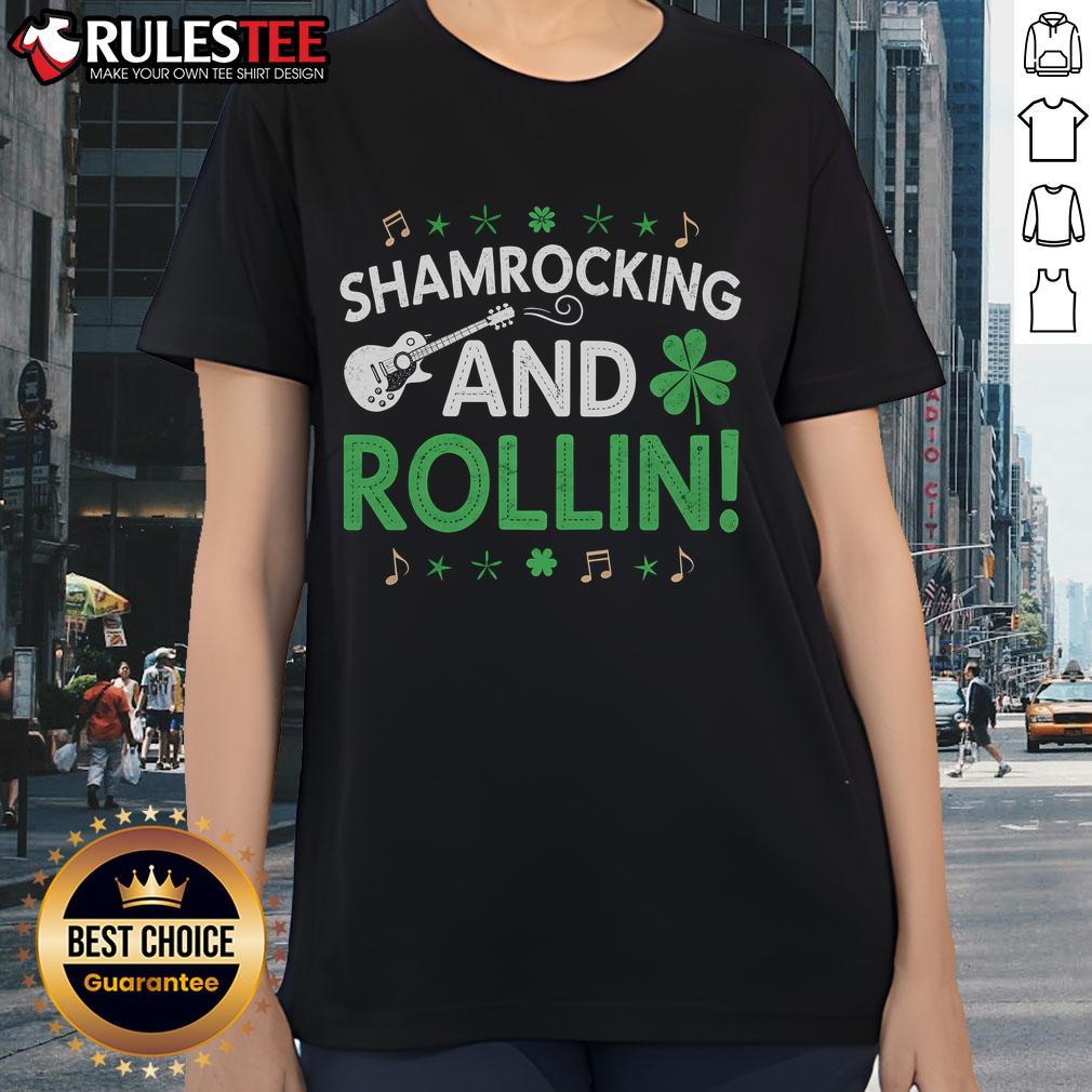Nice Shamrocking And Rollin' Funny St Patrick's Day Guitar T-Shirt - Image 3