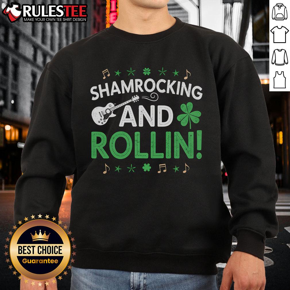 Nice Shamrocking And Rollin' Funny St Patrick's Day Guitar T-Shirt - Image 5